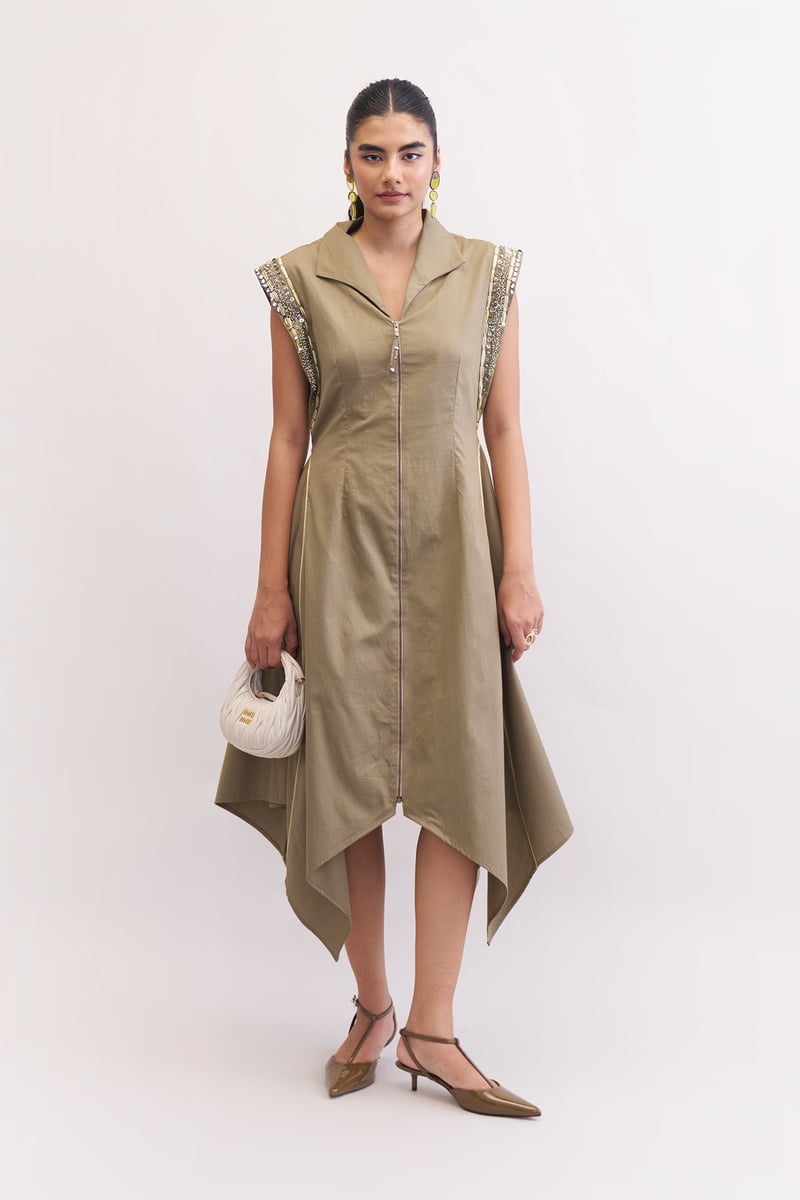 Mushroom Cotton Poplin Zip-Front Fit and Flare Midi Dress