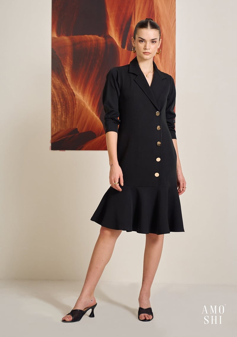 Black Blazer-Style Midi Dress with Metallic Buttons