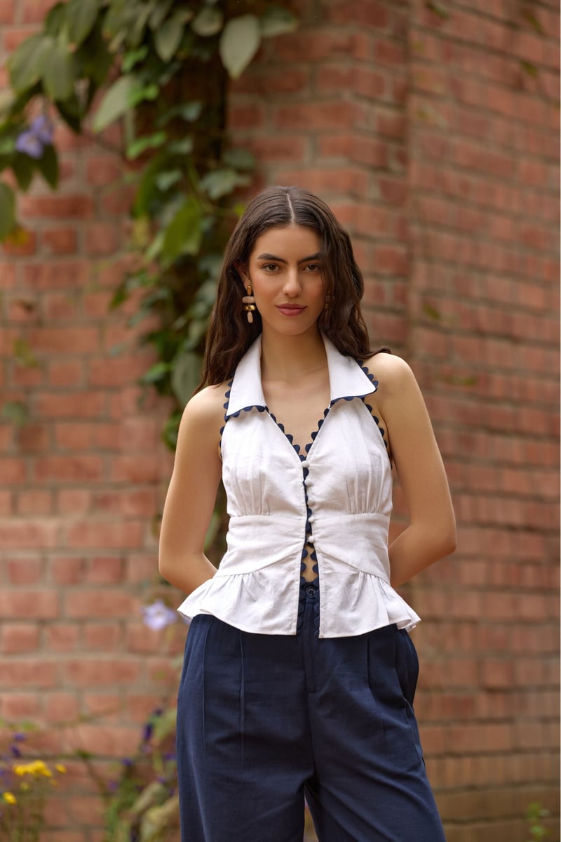 White Collared Peplum Top with Navy Scallop Trim