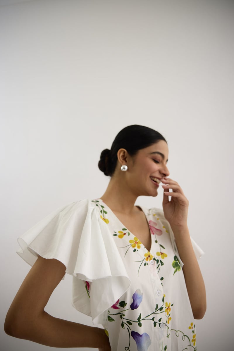 White Floral Printed Mini Dress with Flutter Sleeves