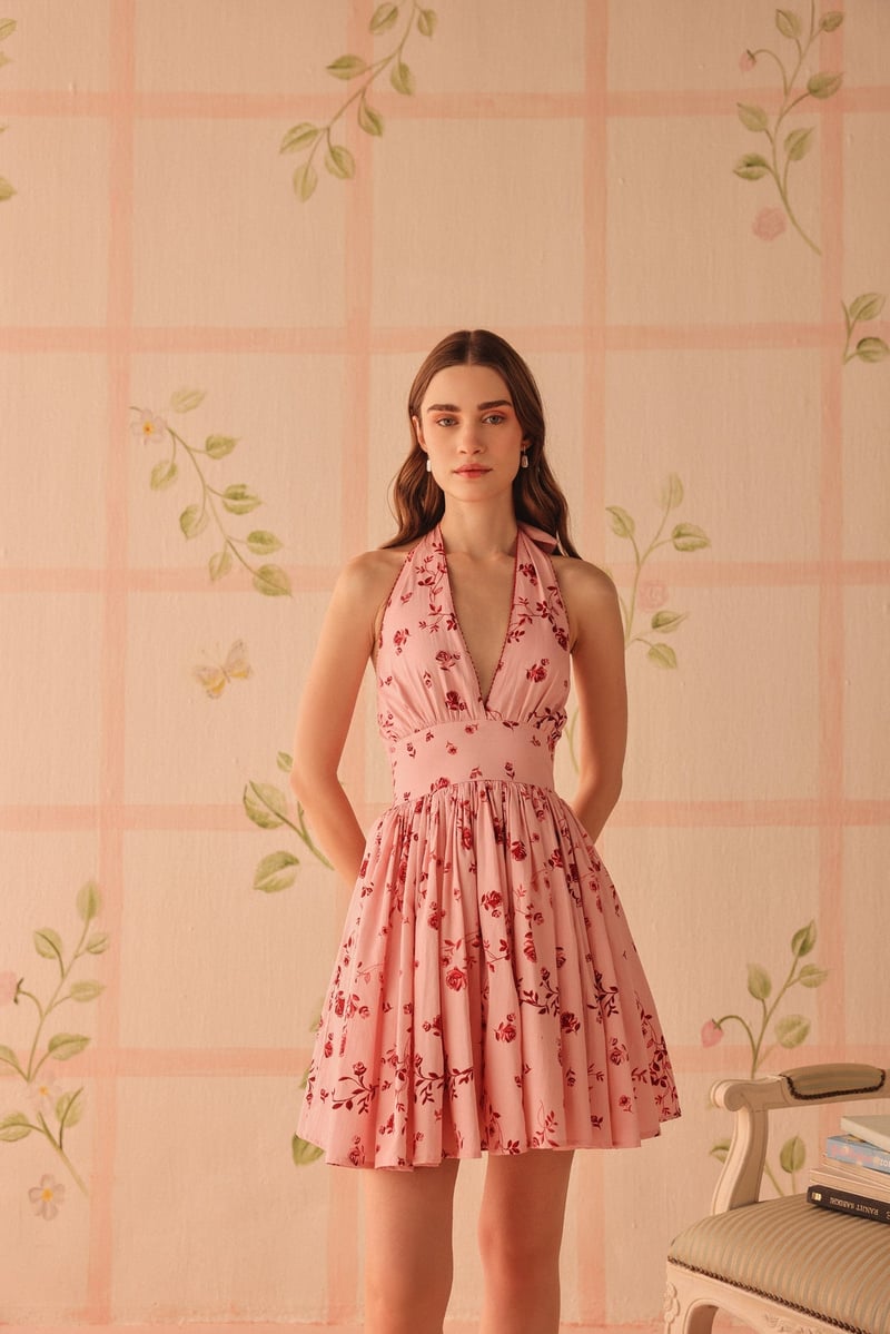 Pink Burgundy Floral Halter Fit and Flare Mini Dress