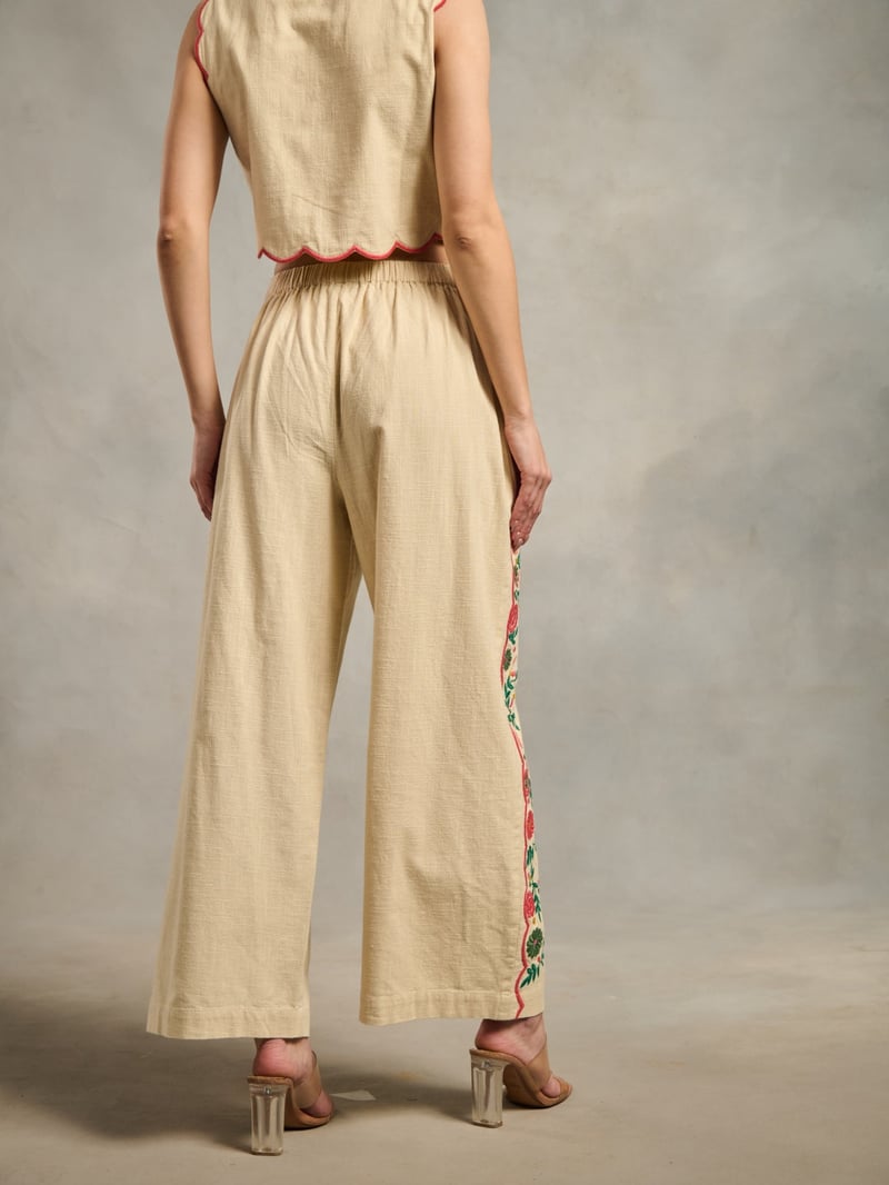 Pink Cotton Wide-Leg Embroidered Pants