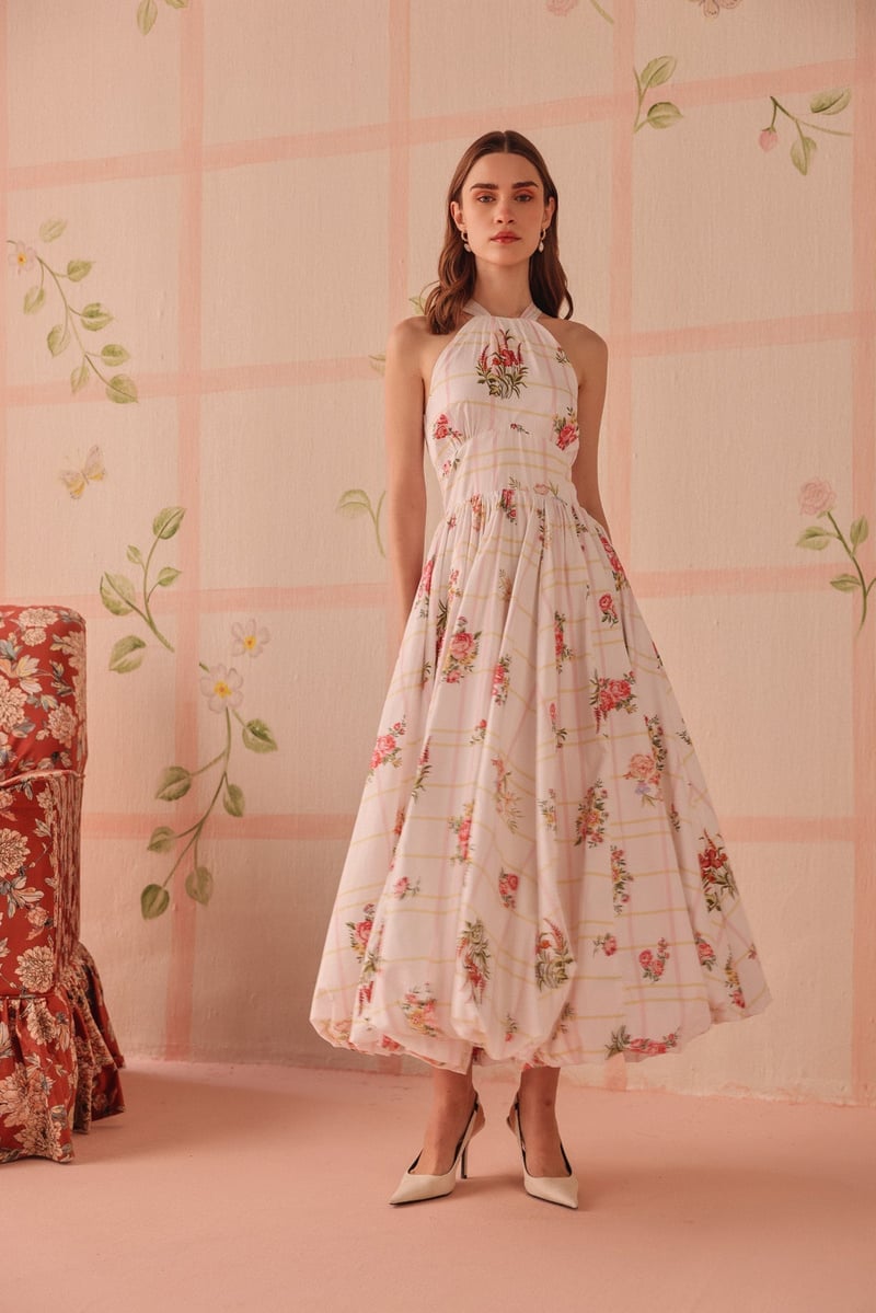 White Floral Check Halter Neck Fit and Flare Midi Dress