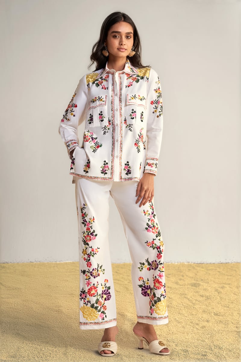 Placement Floral Embroidered Poplin Pant Set