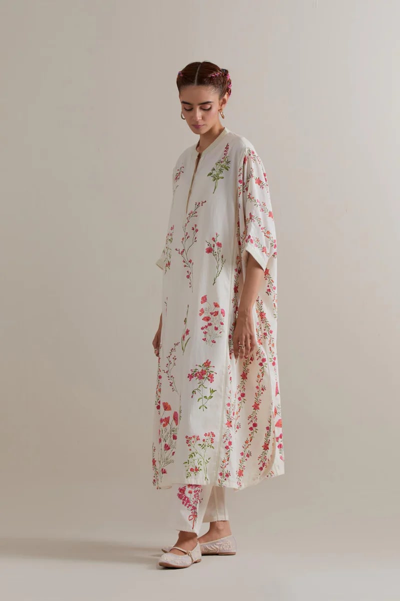 Off-White Pink-Green Floral Cotton Kaftan