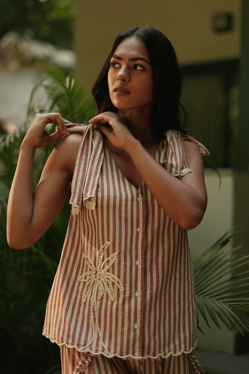 Red and Beige Striped Tie-Shoulder Button-Front Top