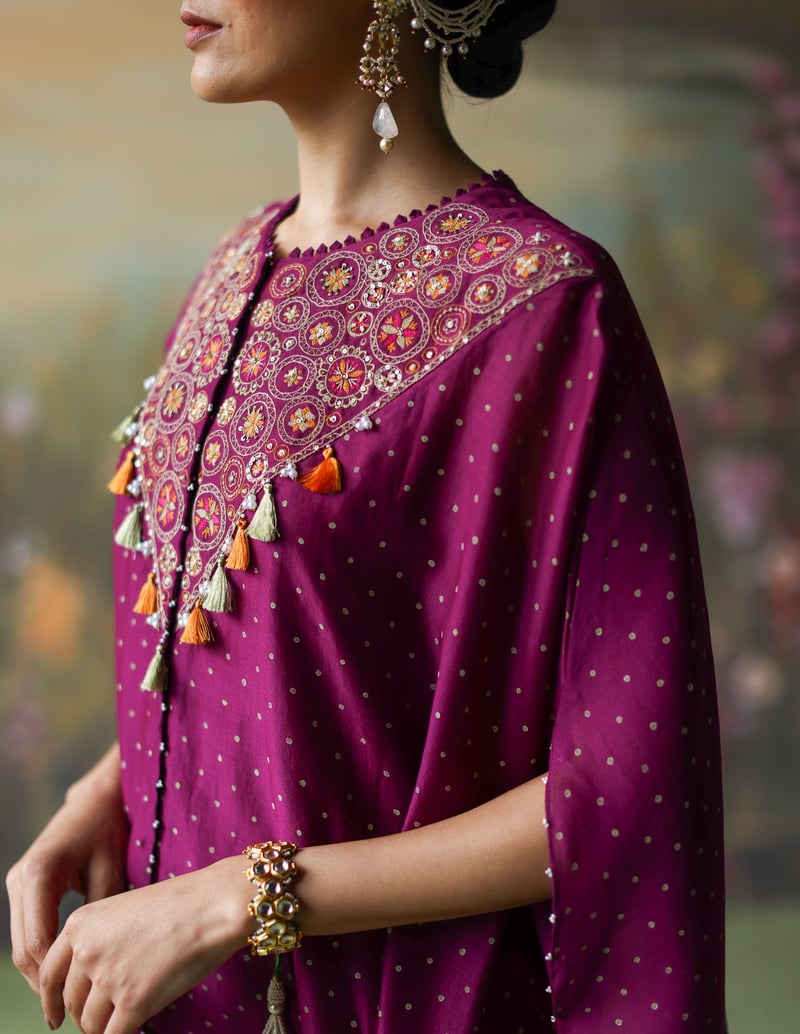 Aubergine Silk Chanderi Cape and Pants Co-ord Set