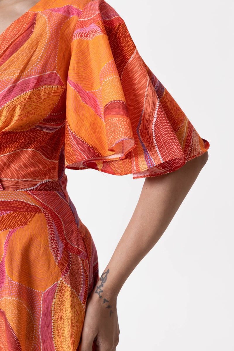 Orange Multicolor Abstract Print Fit and Flare Midi Dress