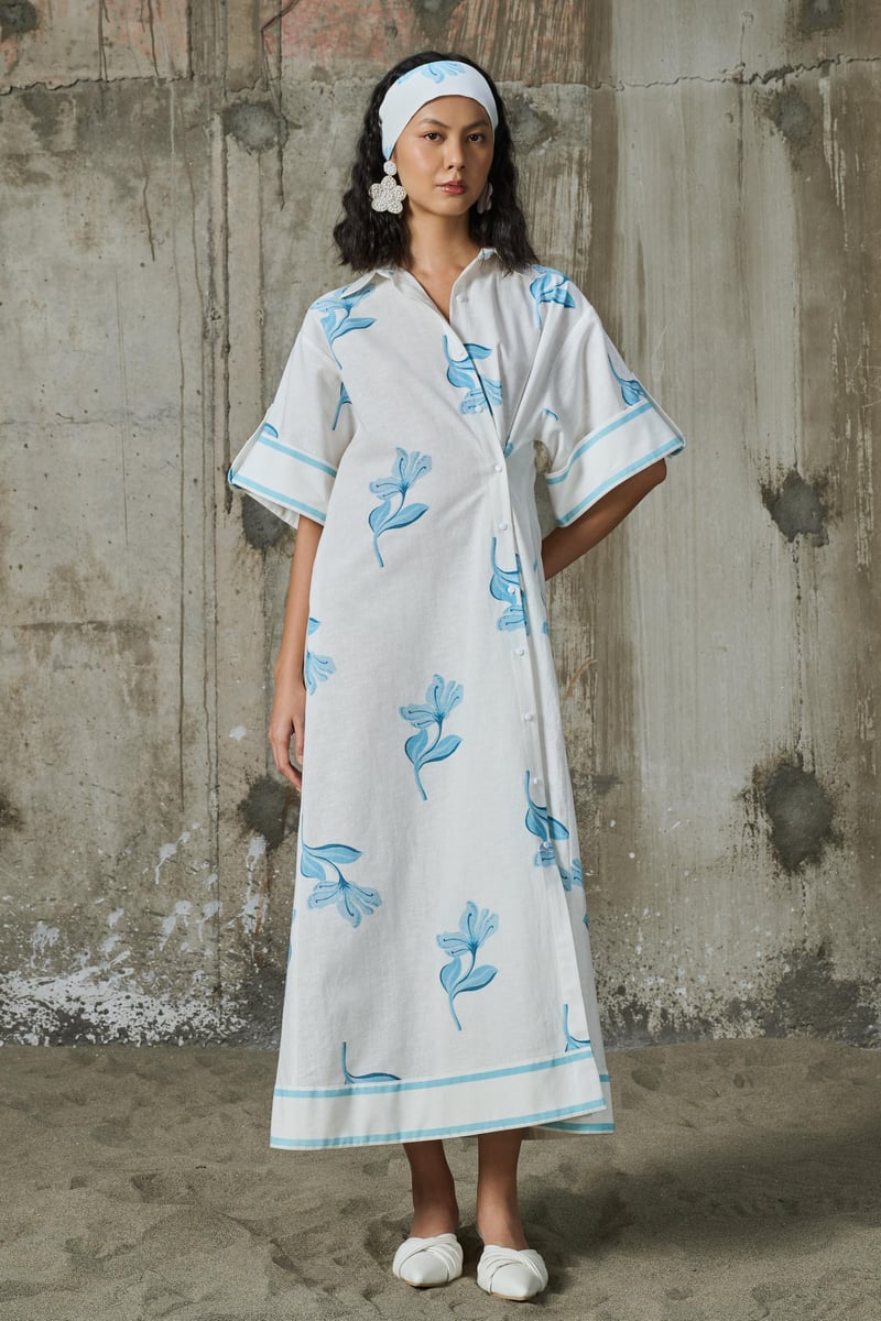White Linen Maxi Shirt Dress with Blue Floral Print — Pocketful Of Cherrie