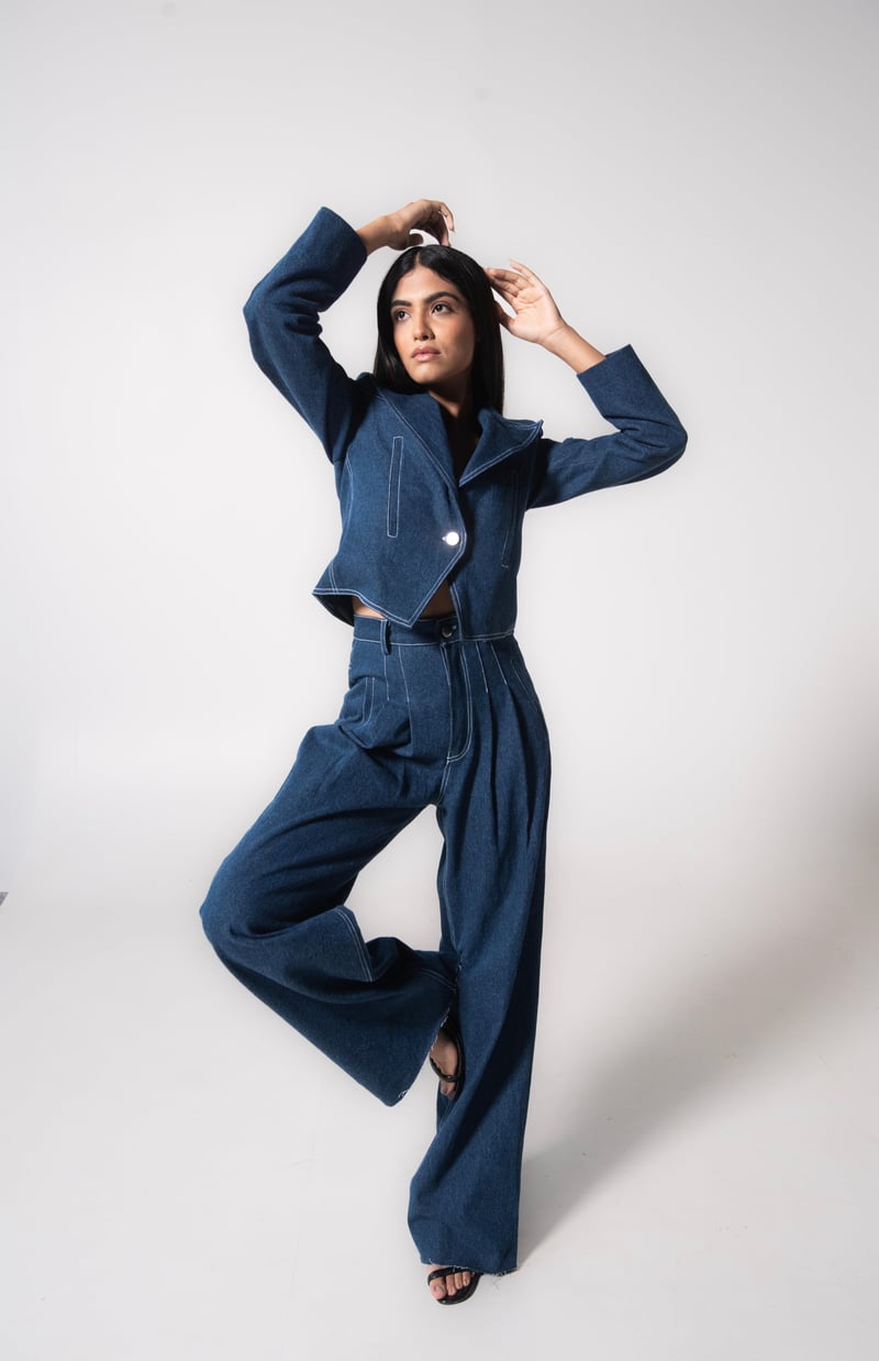Blue High-Rise Straight-Leg Pleated Denim Trousers