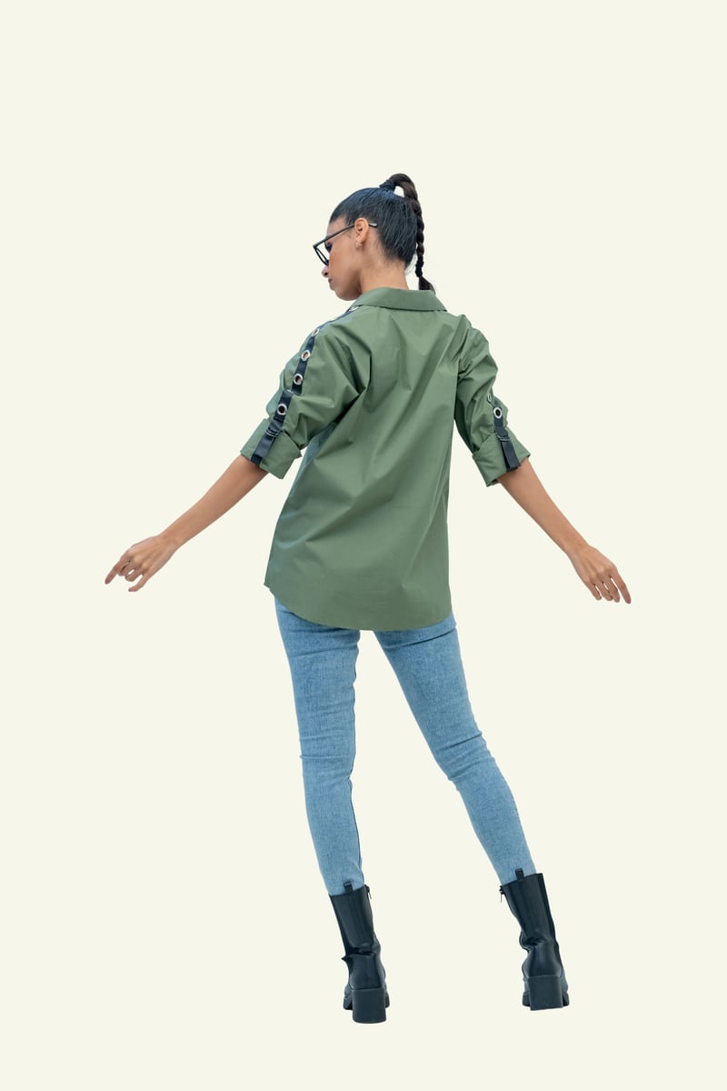 Olive Cotton Shirt with Embroidery on Pockets