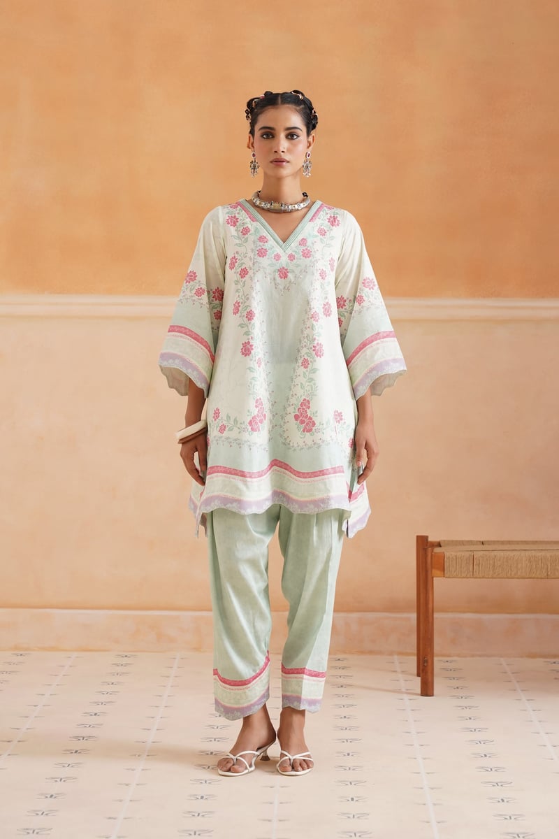 Mint Floral Printed Lawn Cotton 3-Piece Kurta Set