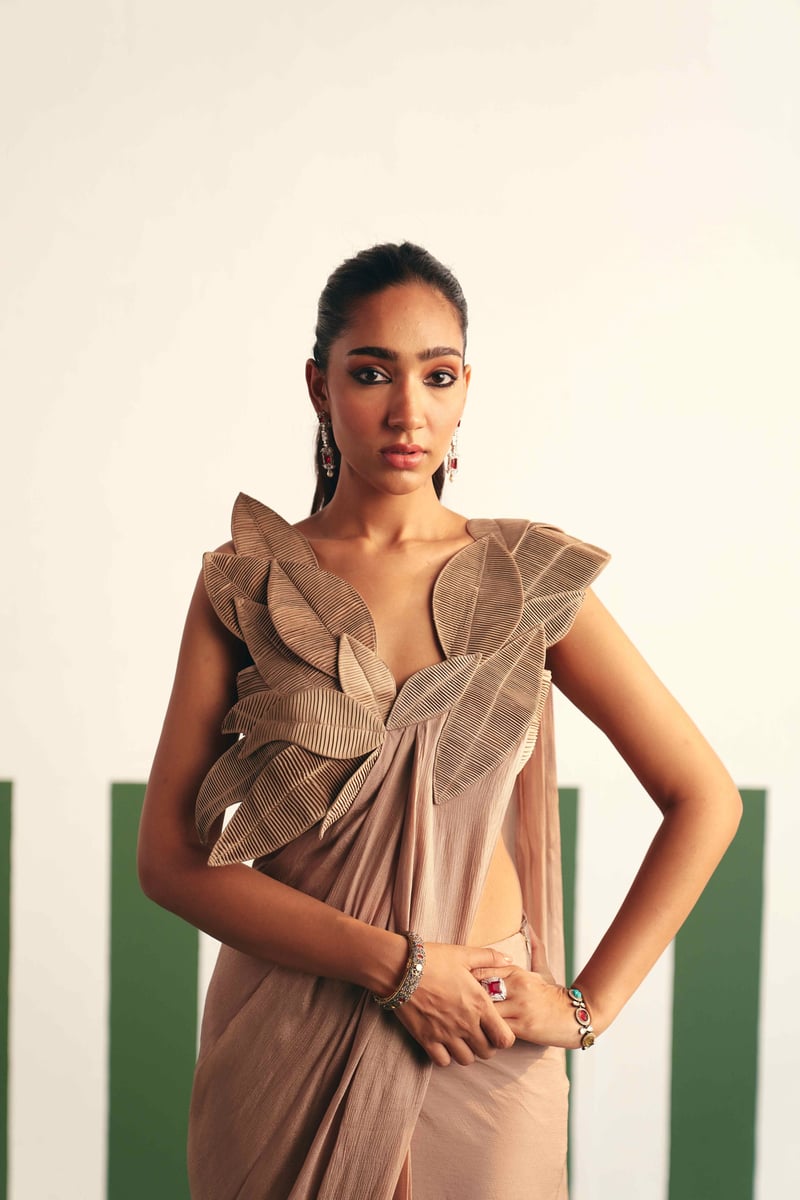Rose Beige Pre-Stitched Saree with 3D Leaf Blouse