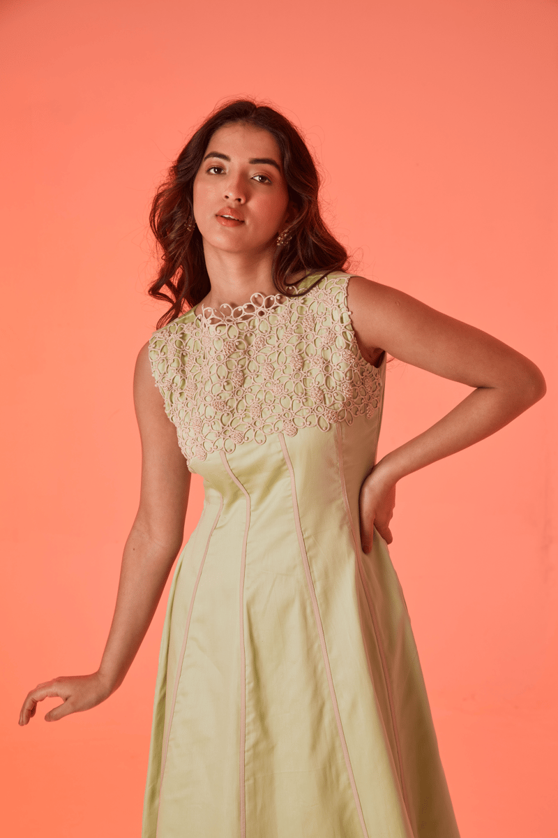 Leek Green Cotton Satin Lace Yoke Fit and Flare Midi Dress — An'era by Asmita Verma
