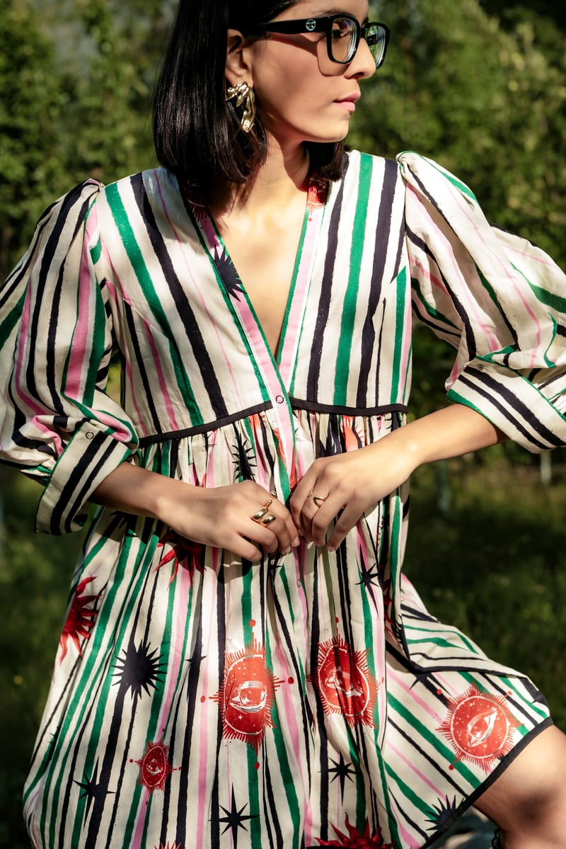 White/Green Striped Printed Puff Sleeve Mini Dress