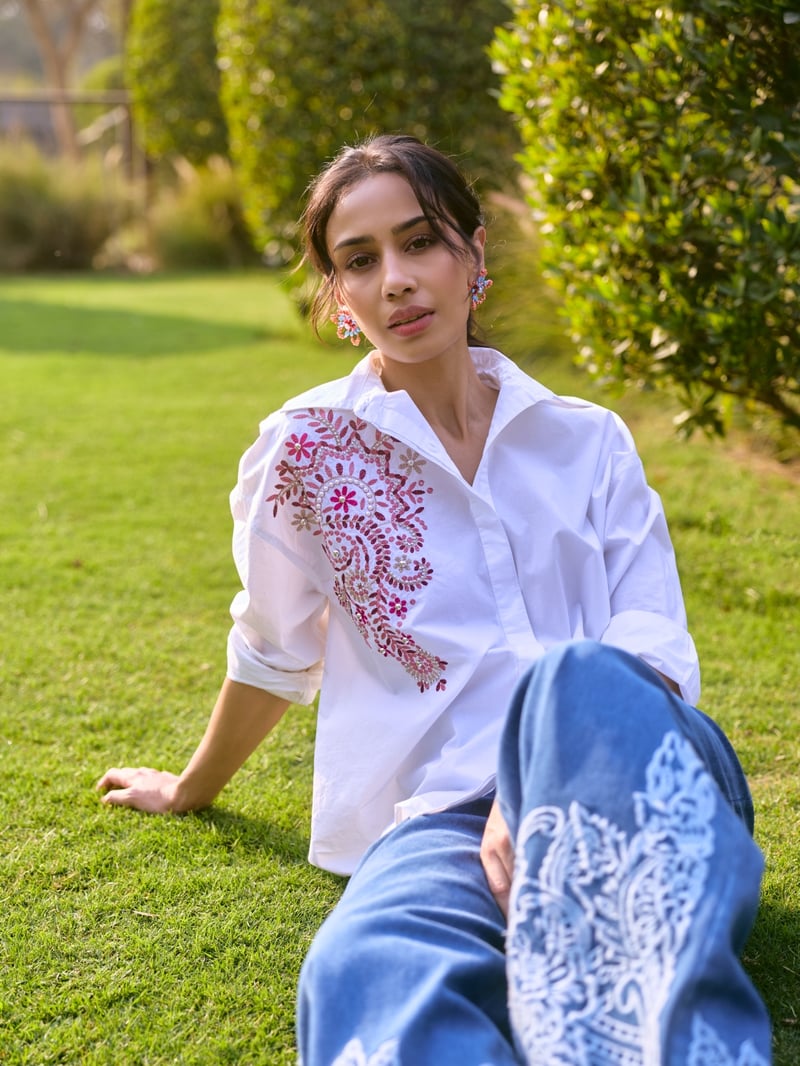 White Cotton Embroidered Button-Down Shirt