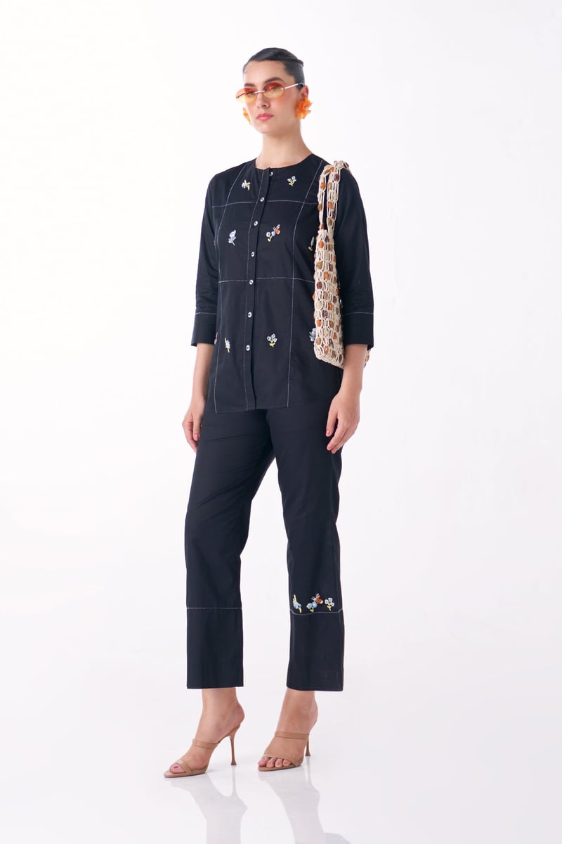 Black Cotton Satin Embroidered Shirt and Pant Co-ord Set — Our Love