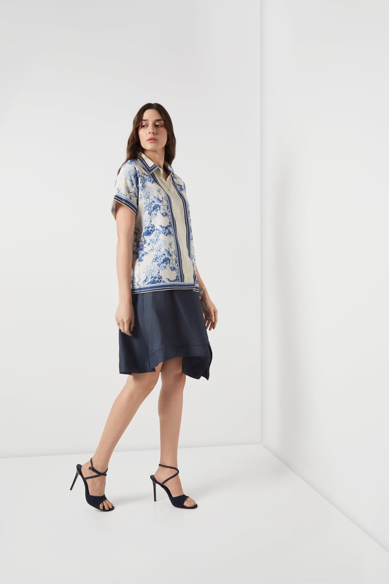 Cream and Navy Floral Border Print Cotton-Linen Shirt