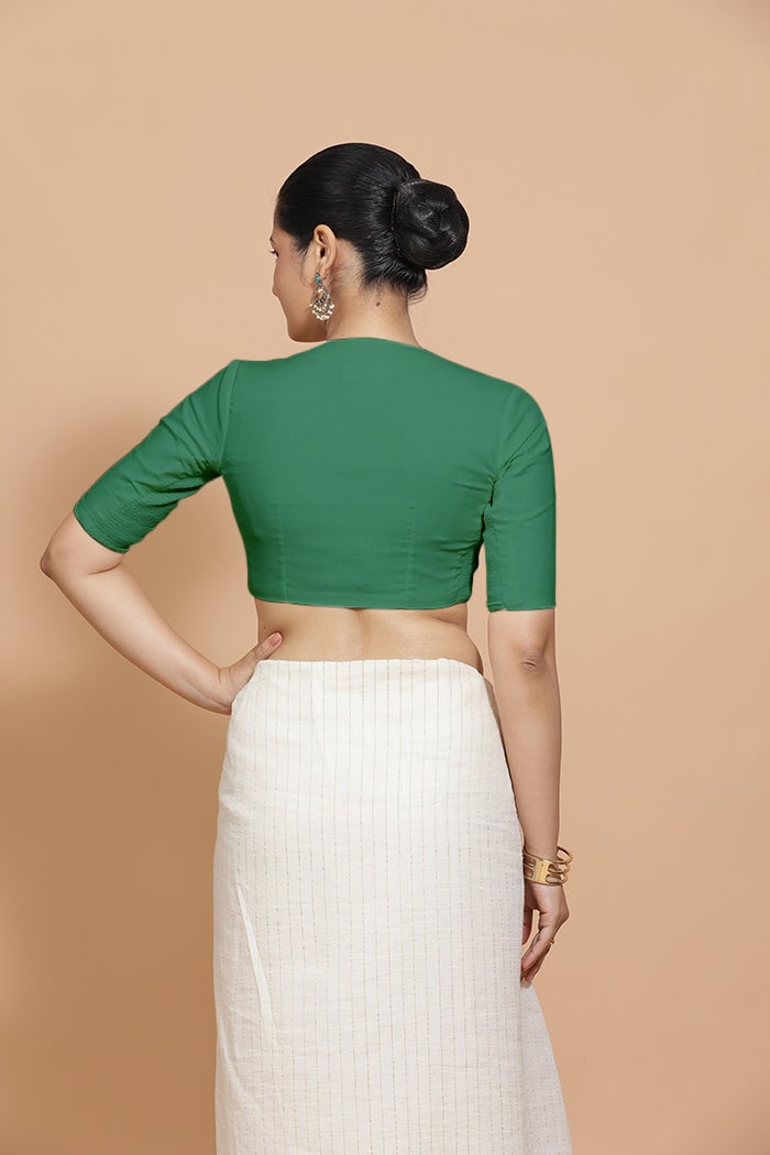 Castleton Green Cotton Saree Blouse with Elbow Sleeves