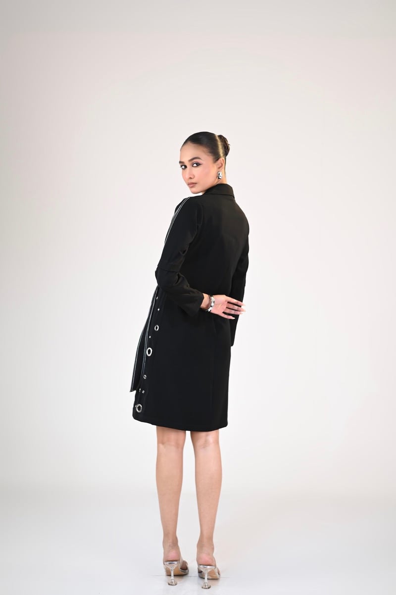 Black Knee-Length Shirt Dress with Contrast Stitch Detail