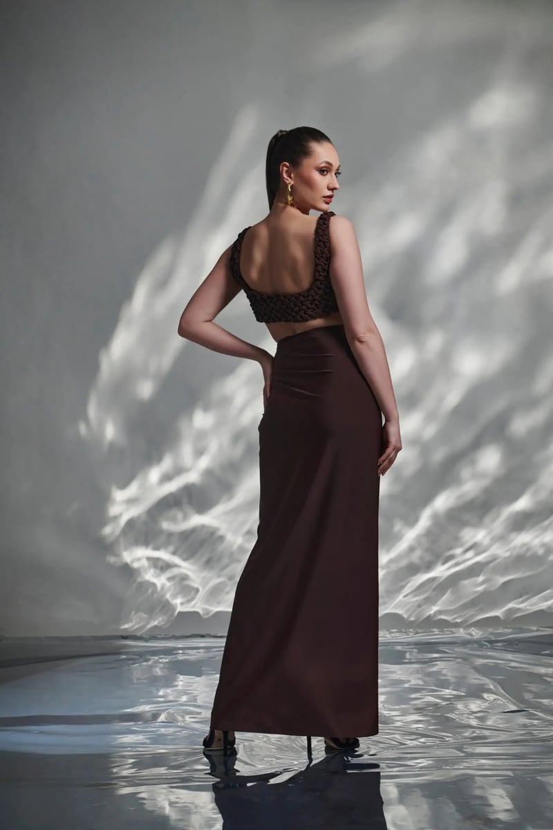 Brown Smocked Square Neck Crop Top
