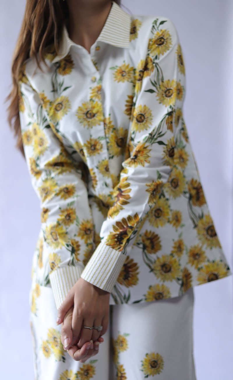 White Cotton Poplin Sunflower Print Shirt