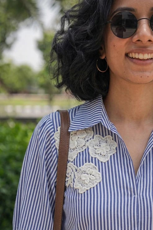 Blue Pinstriped Midi Shirt Dress with Floral Appliqué