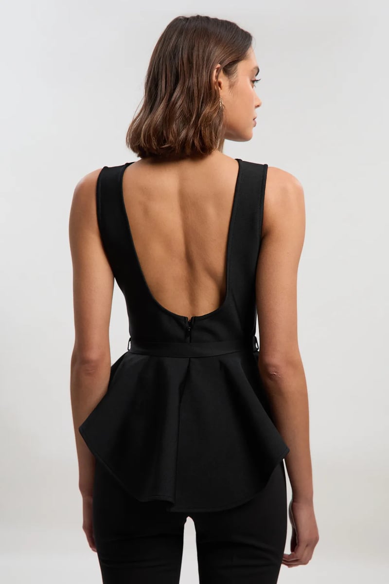 Black Sleeveless Peplum Top with Belt