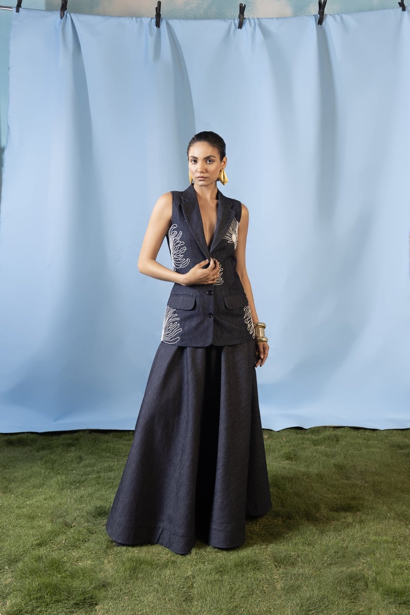 Navy Denim Vest and Maxi Skirt Co-ord Set