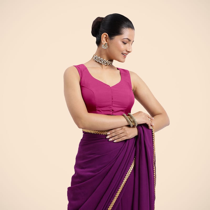 Hot Pink Sleeveless Saree Blouse with Curved V-Neck