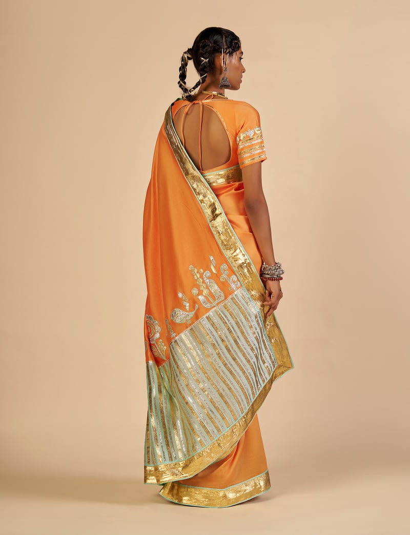 Orange Silk Chanderi Saree with Aqua Pallu and Gota Border