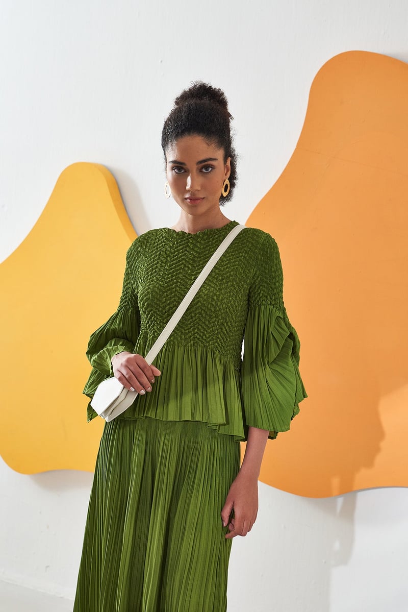 Lime Green Smocked Top and Pleated Skirt Co-ord Set