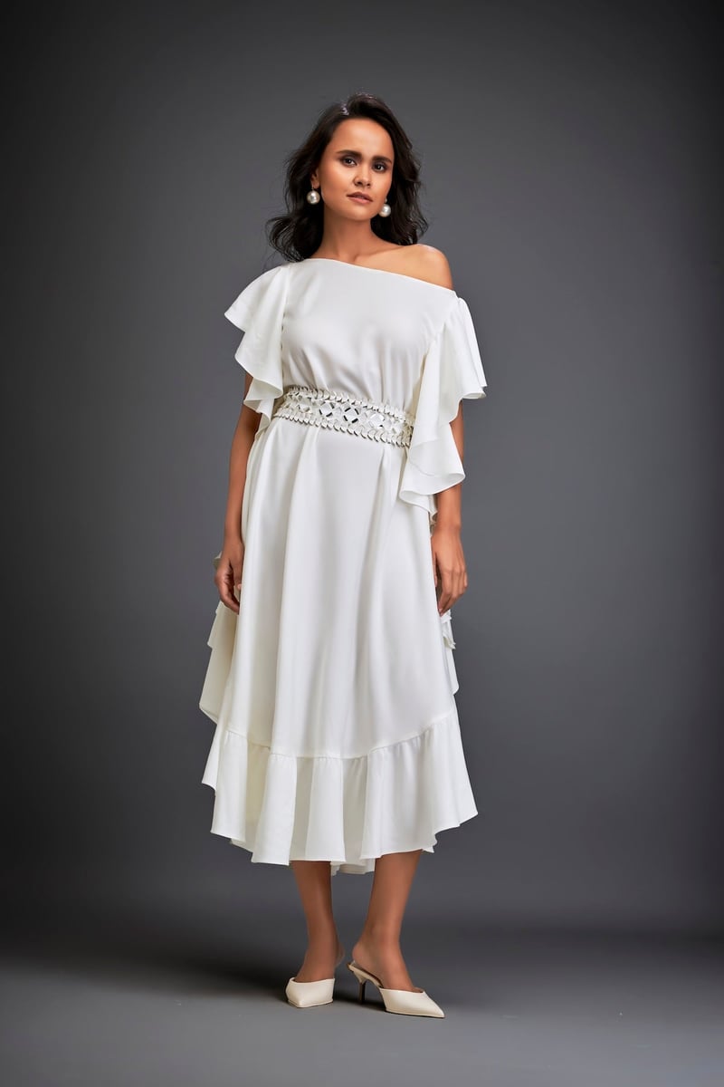 Asymmetrical Off-Shoulder Dress And Metallic Waist Belt — Deepika Arora
