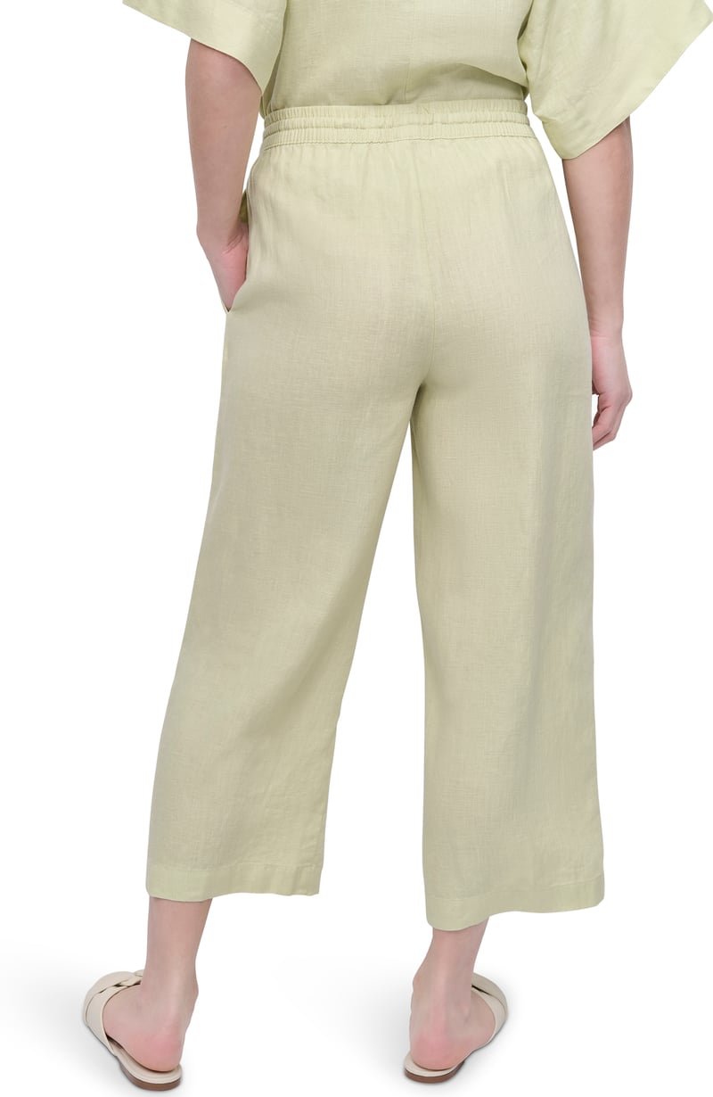 Tea Green Linen Wide-Leg Cropped Drawstring Trousers