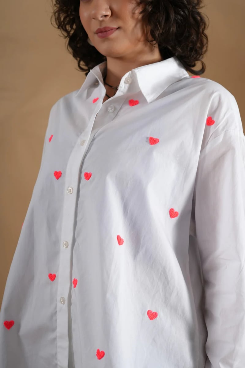 White Oversized Heart Embroidered Button-Down Shirt