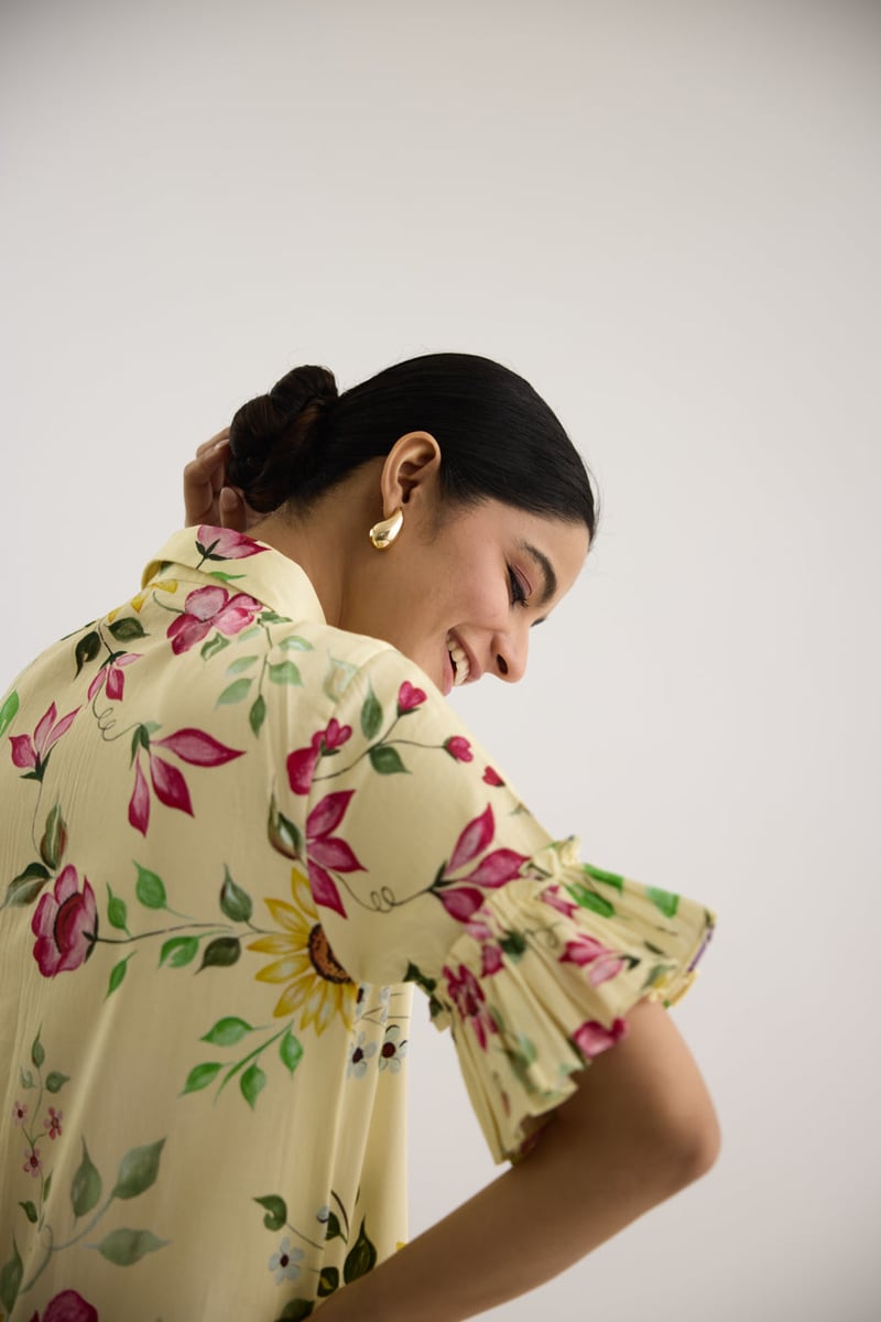 Yellow Floral Printed Tiered Mini Shirt Dress