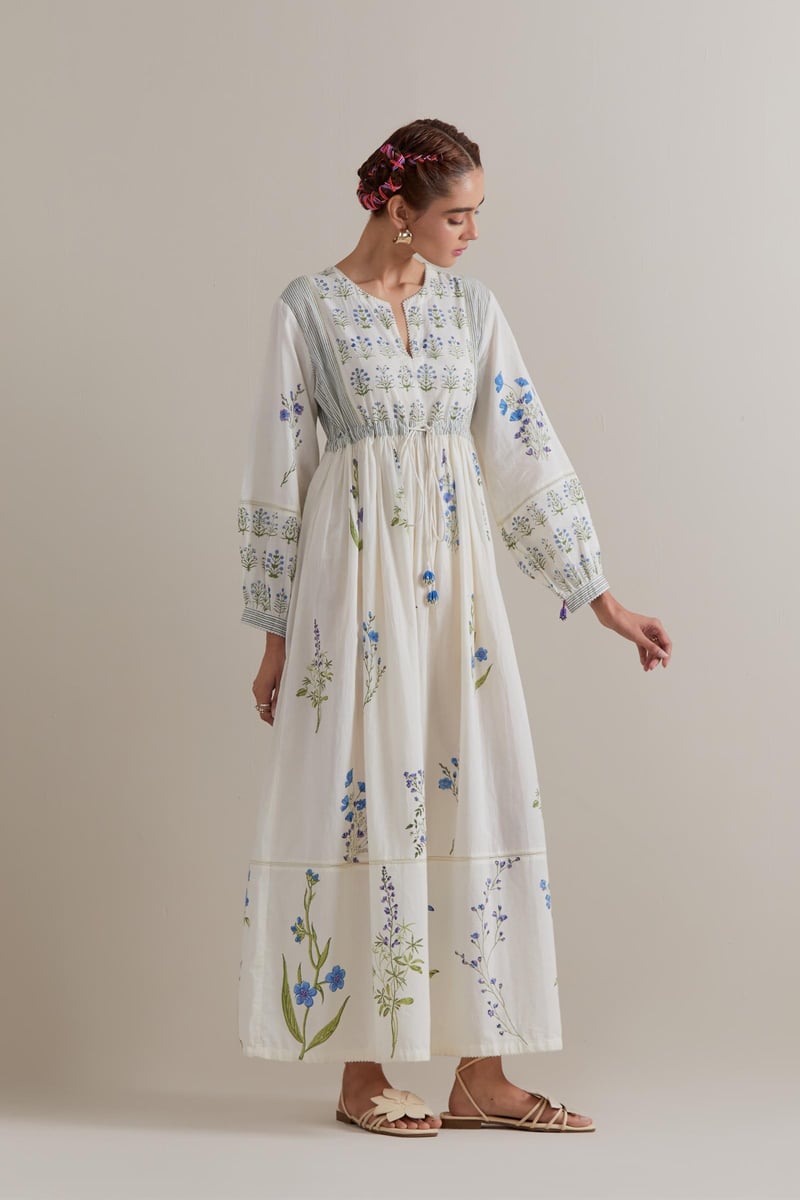 Off-White Floral Block Print Maxi Dress with Waist Tie