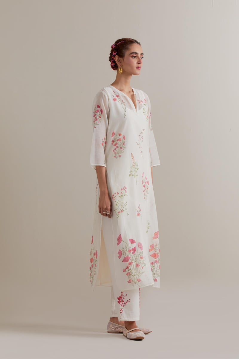 Off-White Floral Hand Block Print Kurta Set with Dupatta