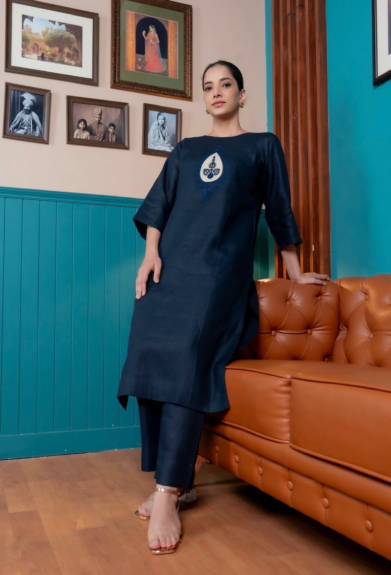Dark Blue Linen Straight Kurta Set with Tonal Motif