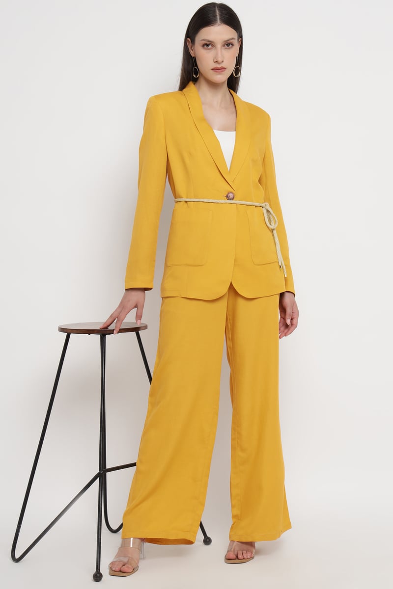 Yellow Single-Button Belted Tailored Blazer