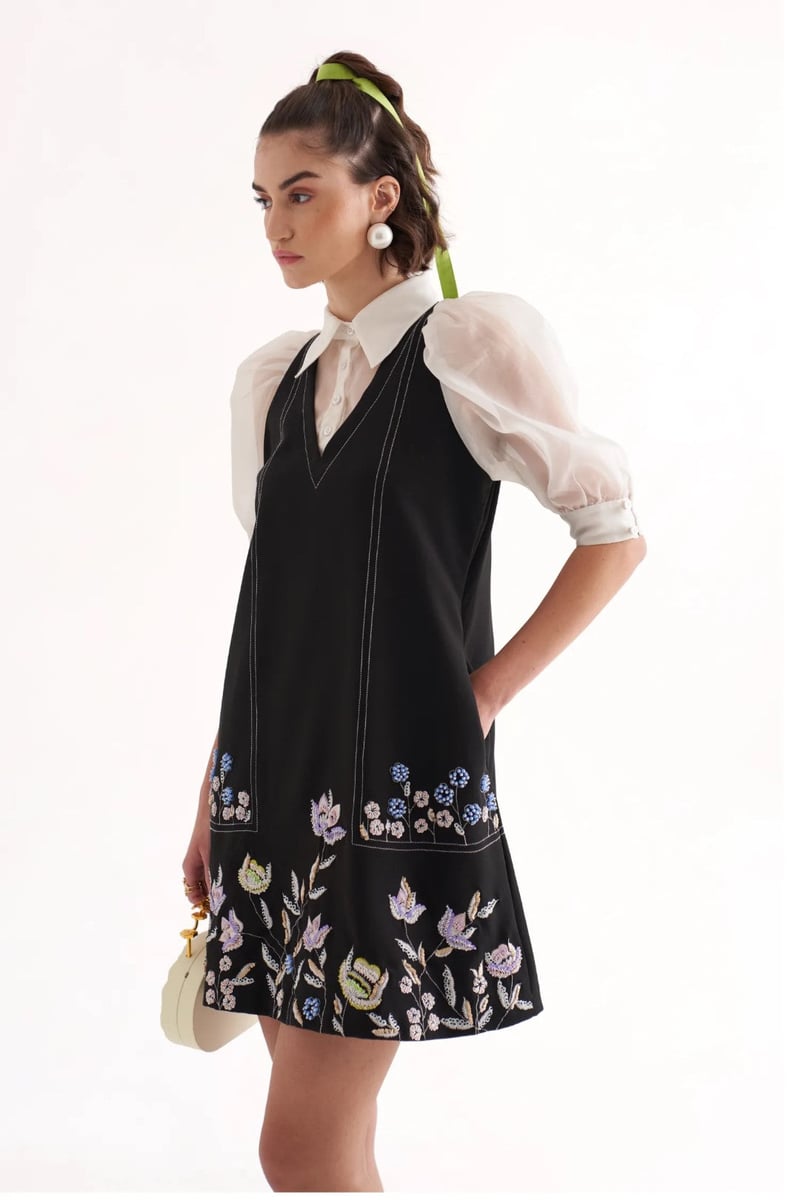 Black and White A-Line Mini Dress with Organza Sleeves