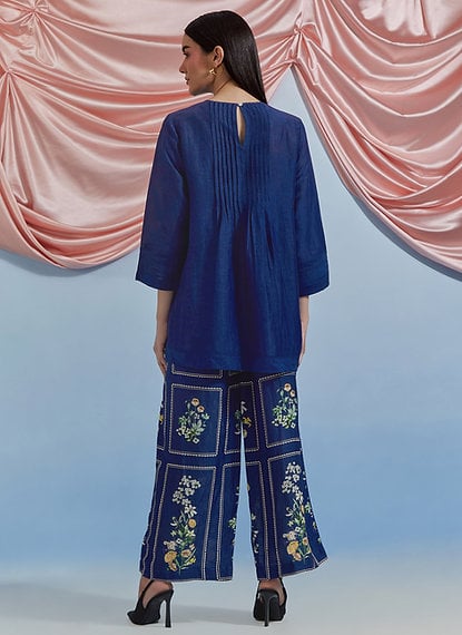 Airforce Blue Embroidered Top and Printed Pants Co-ord Set