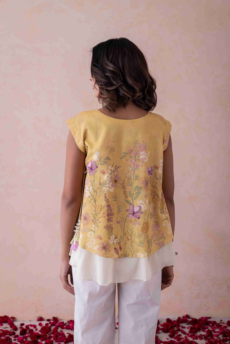 Yellow Floral Printed Sleeveless A-Line Top