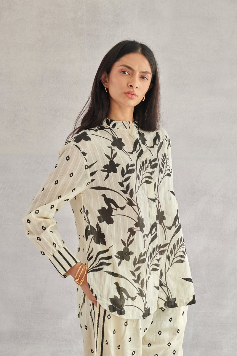 Creme Monochrome Printed Cotton Dobby Shirt