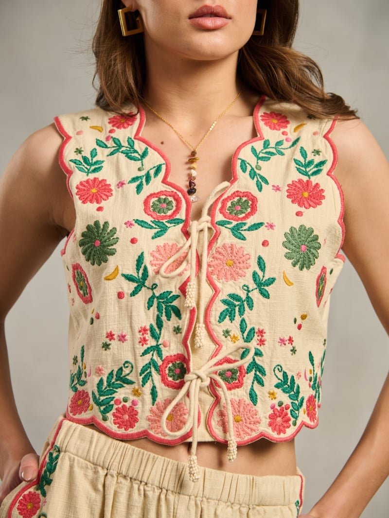 Cream Embroidered Tie-Up Crop Top