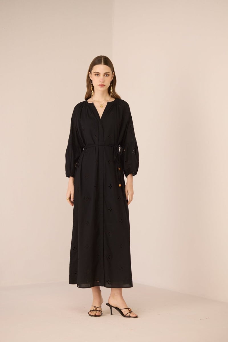 Black Cotton Broderie Maxi Dress with V-Neck and Waist Tie