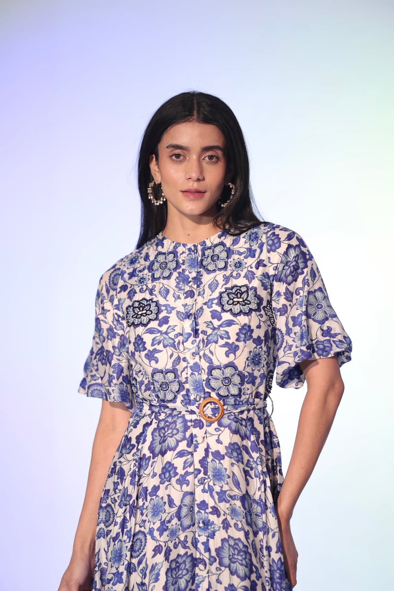 White and Blue Floral Belted Button-Front Midi Dress