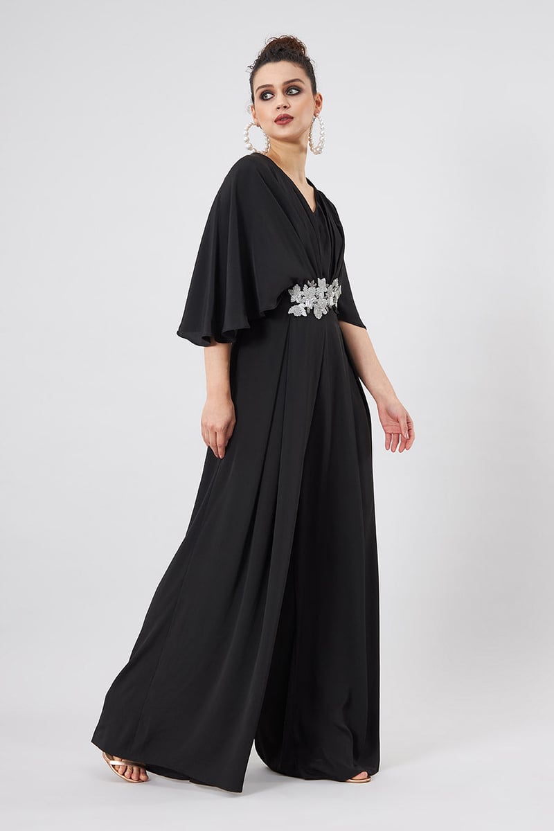 Black Silk Crepe Cape Sleeve Wide-Leg Jumpsuit