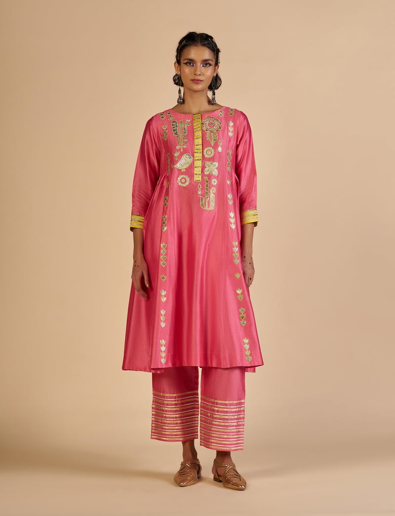 Pink Silk Chanderi Culotte Trousers with Gota Border