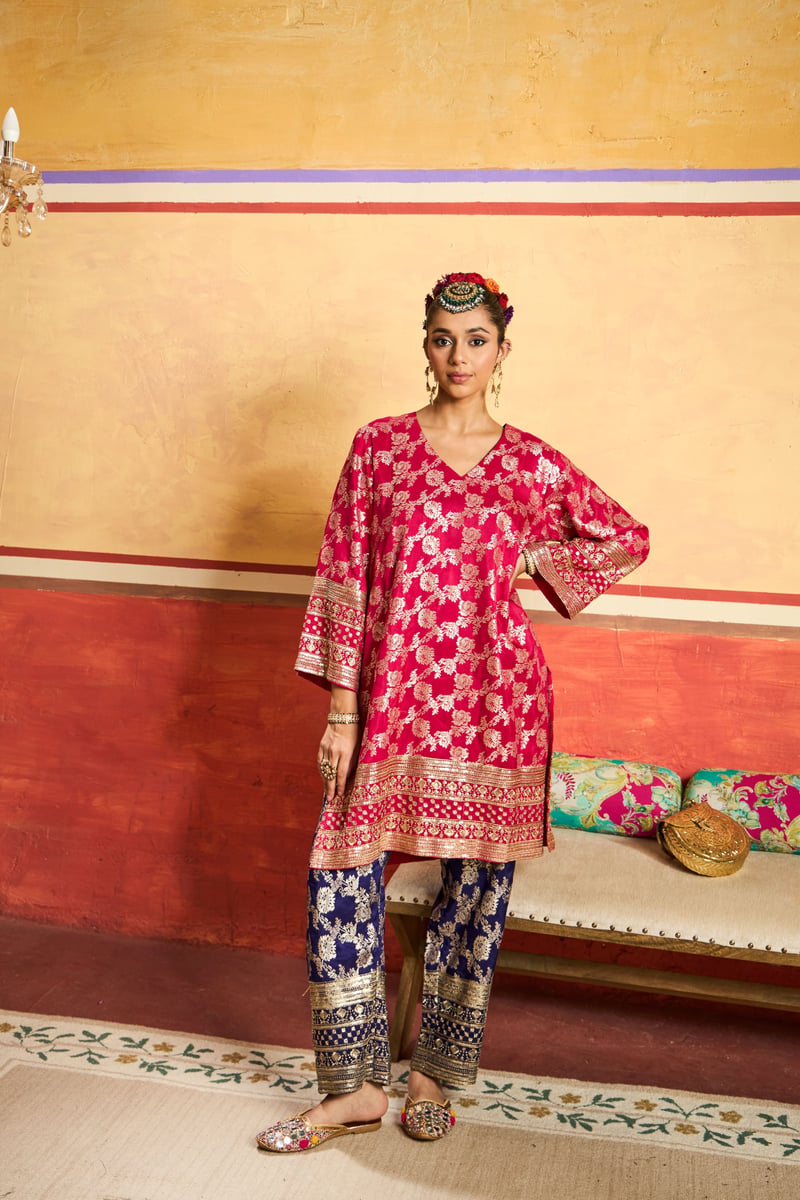 Fuchsia Tunic and Purple Brocade Pant Co-ord Set